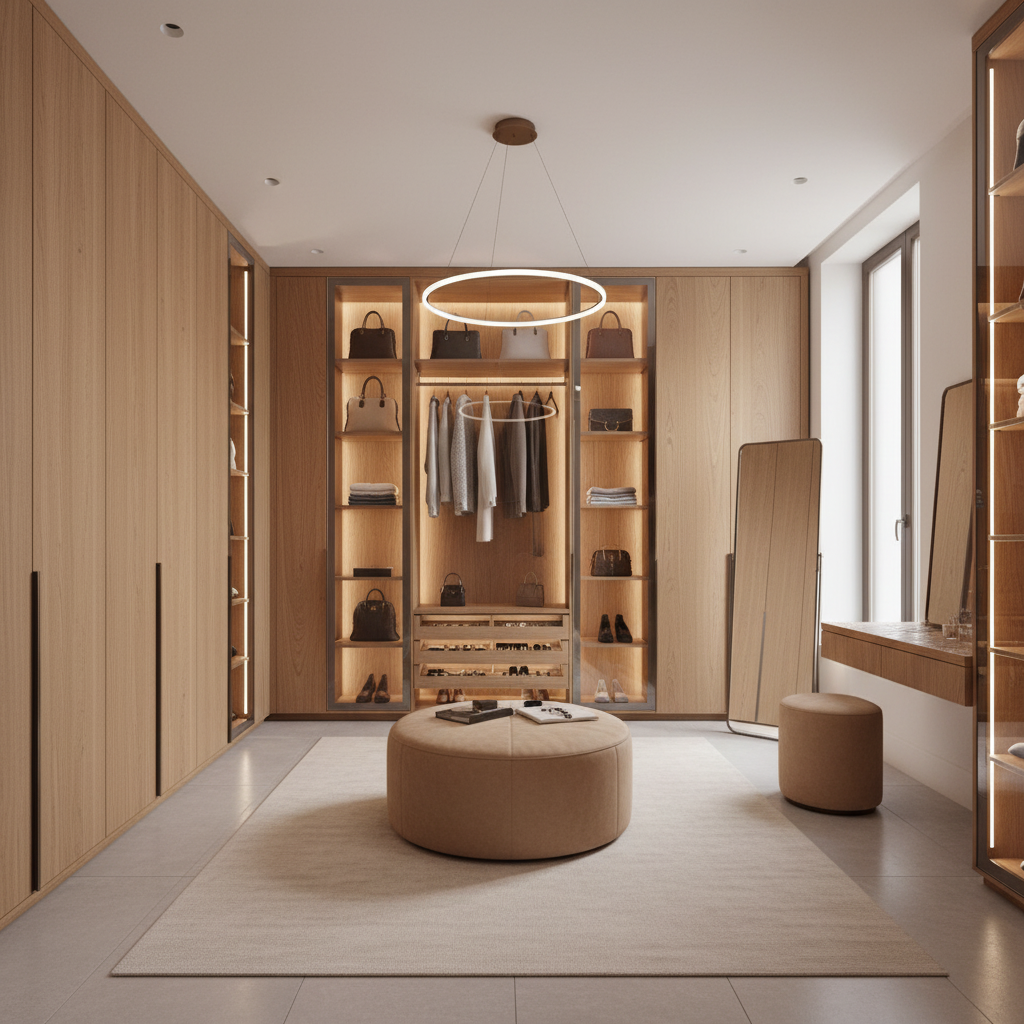 Luxury walk-in wardrobe with oak built-ins and LED lighting