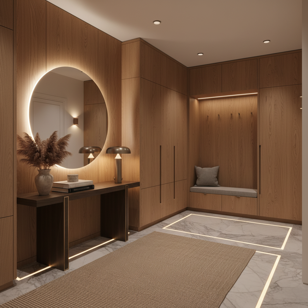 Modern entryway with backlit mirror and integrated storage