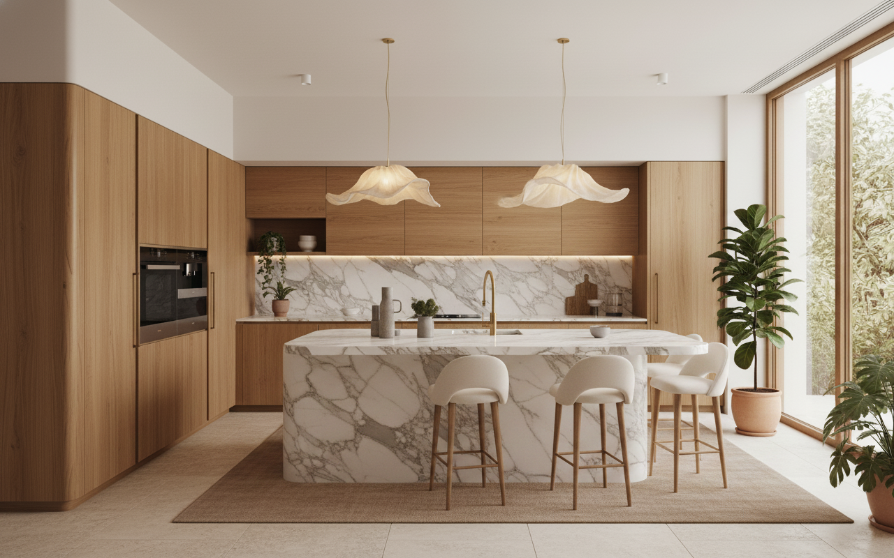 Modern luxury kitchen with marble island and oak cabinetry