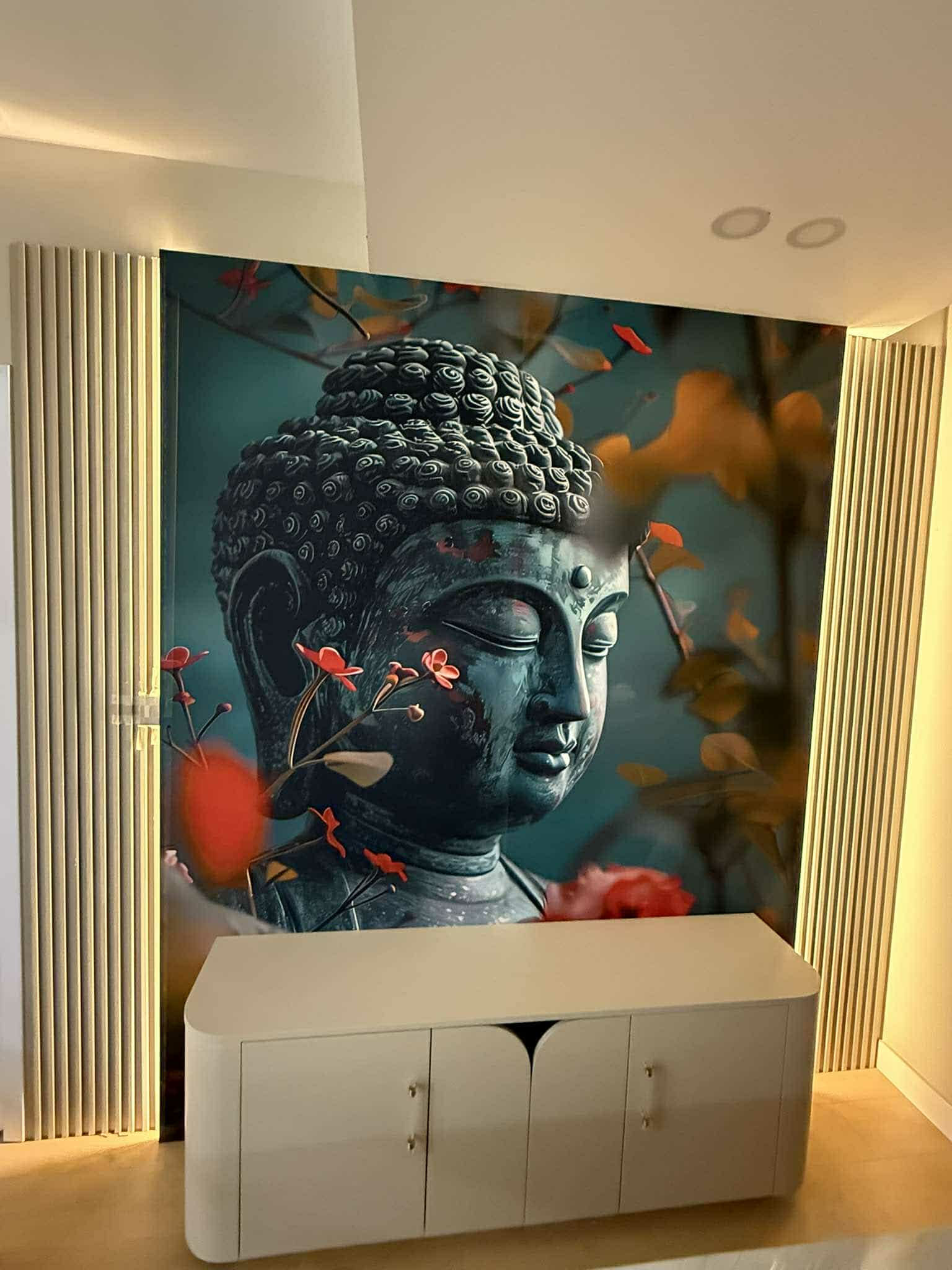 Living room with Buddha wall mural and ambient lighting