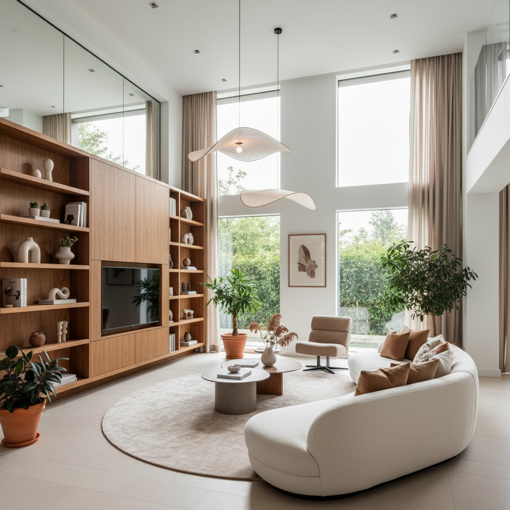 Modern luxury living room with curved sofa and built-in shelving